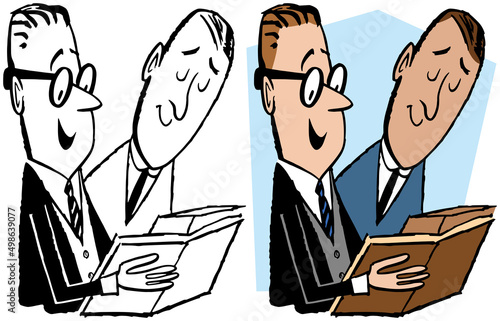 A vintage retro cartoon of two businessmen having a meeting and discussing work. 