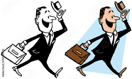 A vintage retro cartoon of a businessman in a suit with a briefcase walking to work and tipping his hat. 