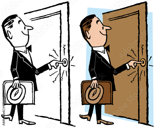 A vintage retro cartoon of a business salesman ringing a doorbell. 
