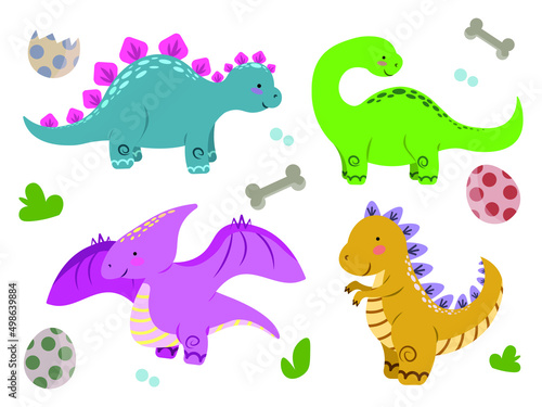 Set of colorful dinosaurs. Flat vector illustration. 