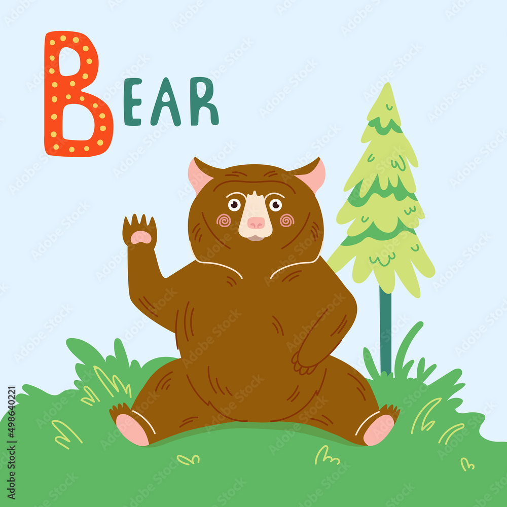 Fototapeta premium Cute bear cartoon vector illustration. Grizzly bear isolated on green grass with tree forest