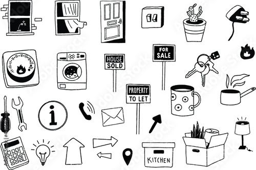 Moving house renting property illustration doodle set