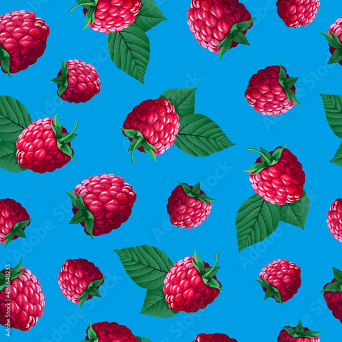 Seamless vector fruits pattern berries ripe raspberries on blue background