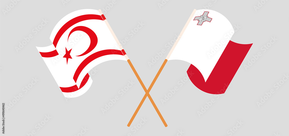 Crossed and waving flags of Northern Cyprus and Malta Crossed and waving flags of Northern Cyprus and Malta