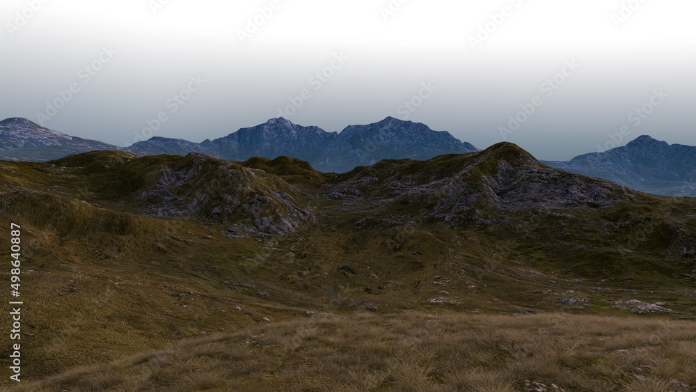 Mountainous highlands landscape against a dawn sky, 3D Illustration, 3D Rendering