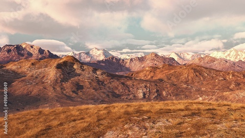 Mountainous highlands landscape against a sunset sky, 3D Illustration, 3D Rendering