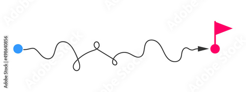 Curved line with start point and direction arrow finishing near flag symbol. Difficult way, chaos path, hard challenge, long route concept isolated on white background. Vector graphic illustration.