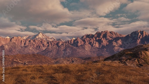 Mountainous highlands landscape against a sunset sky, 3D Illustration, 3D Rendering