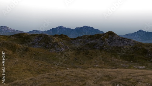 Mountainous highlands landscape against a dawn sky, 3D Illustration, 3D Rendering