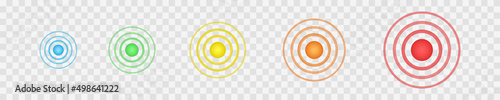 Multicolored concentric points. Symbols of aim, target, pain, healing, hurt, painkilling. Round localization icons. Radar, sound or sonar wave signs on transparent background. Vector illustration