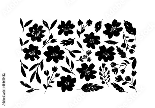 Vector set of ink drawing wild plants, flowers and herbs. Monochrome artistic botanical illustration isolated on white background. Set of hand drawn illustrations, cliparts. Sunflowers silhouettes