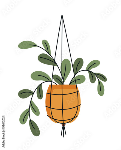 Flowerpot with leaves. Pendant for decorating houses or apartments. Yellow vase with green plant, love for floristry. Elements for luxury restaurants and cafes. Cartoon flat vector illustration