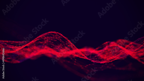 Red low poly shape with connecting dots and lines on black background. Abstract polygonal space, dark background with connecting dots and lines. 3d rendering. Big data visualization.