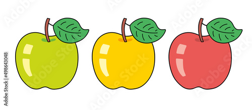 Green, yellow and red apple fruit with leaf isolated cartoon vector.