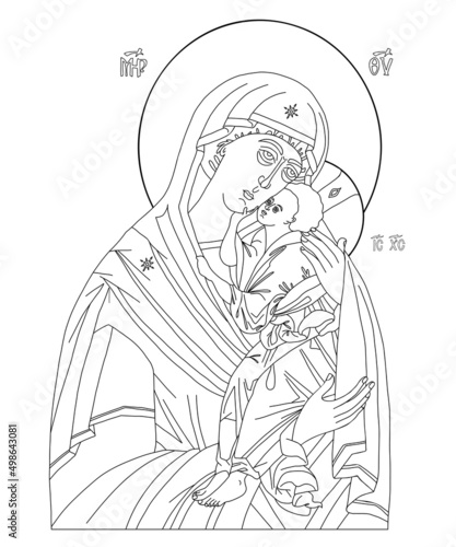 Orthodox icon of Virgin. Holy Mother, God Mother of God Queen of Heaven with Jesus Christ Child. Eleusa, Linear hand drawing. Vector illustration icon Virgin Mary tenderness