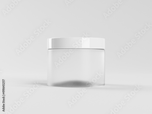 3d render of glass matte jar with empty label. Make up or skin care cosmetics. White lid in and white studio background. e-commerce mockup