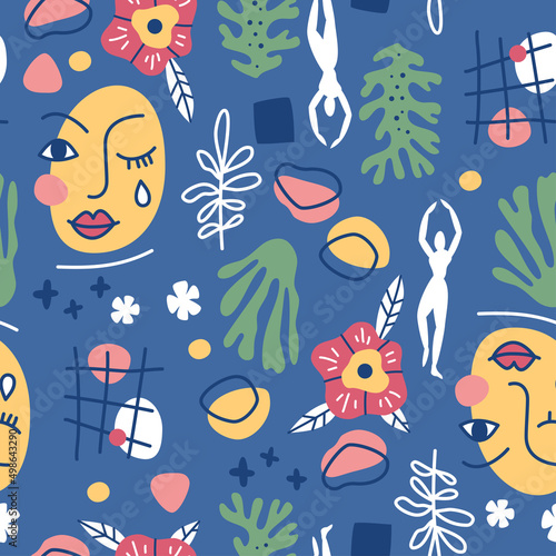Seamless pattern with abstract geometric shapes in Matisse style. Various Shapes and objects. Creative hand drawn contemporary doodle elements flowers, plants, zigzag, lines, for fashion,