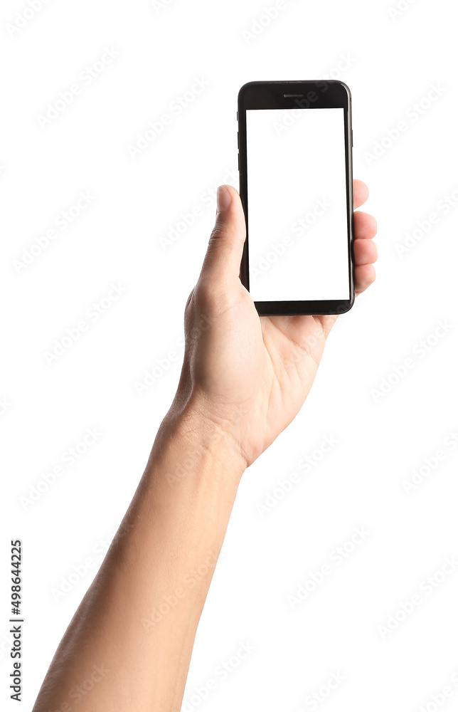 Male hand with mobile phone on white background