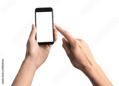 Male hands with mobile phone on white background