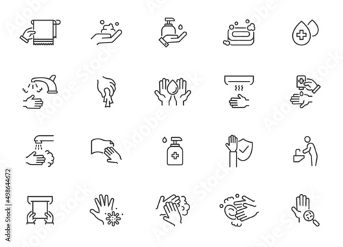 Wash hands clean line icon set. Vector hands wash hygiene soap foam dryer outline symbol set