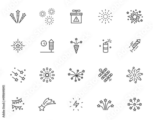 Firework celebrate line icon set. Firecracker vector boom spark effect congratulations firework illustration party icon set