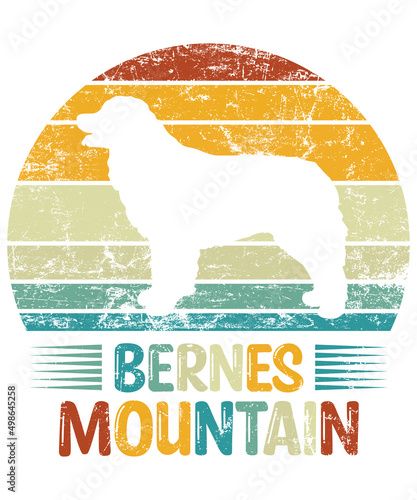 Bernese Mountain Retro Vintage Sunset T-shirt Design template, Mountain on Board, Car Window Sticker, POD, cover, Isolated white background, White Dog Silhouette Gift for Bernese Mountain Lover