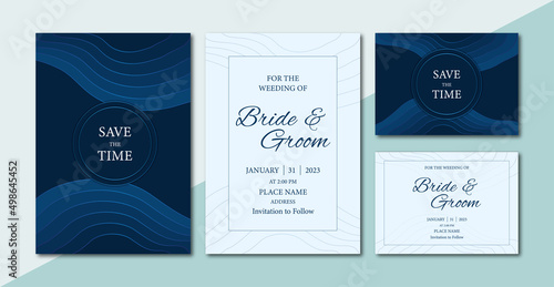 Minimalist wave line art pattern dark blue shade theme wedding invitation card template