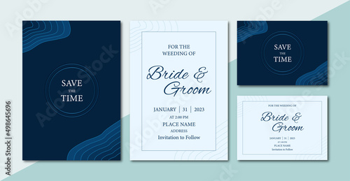 Abstract wave line art pattern navy blue shade theme wedding invitation card template