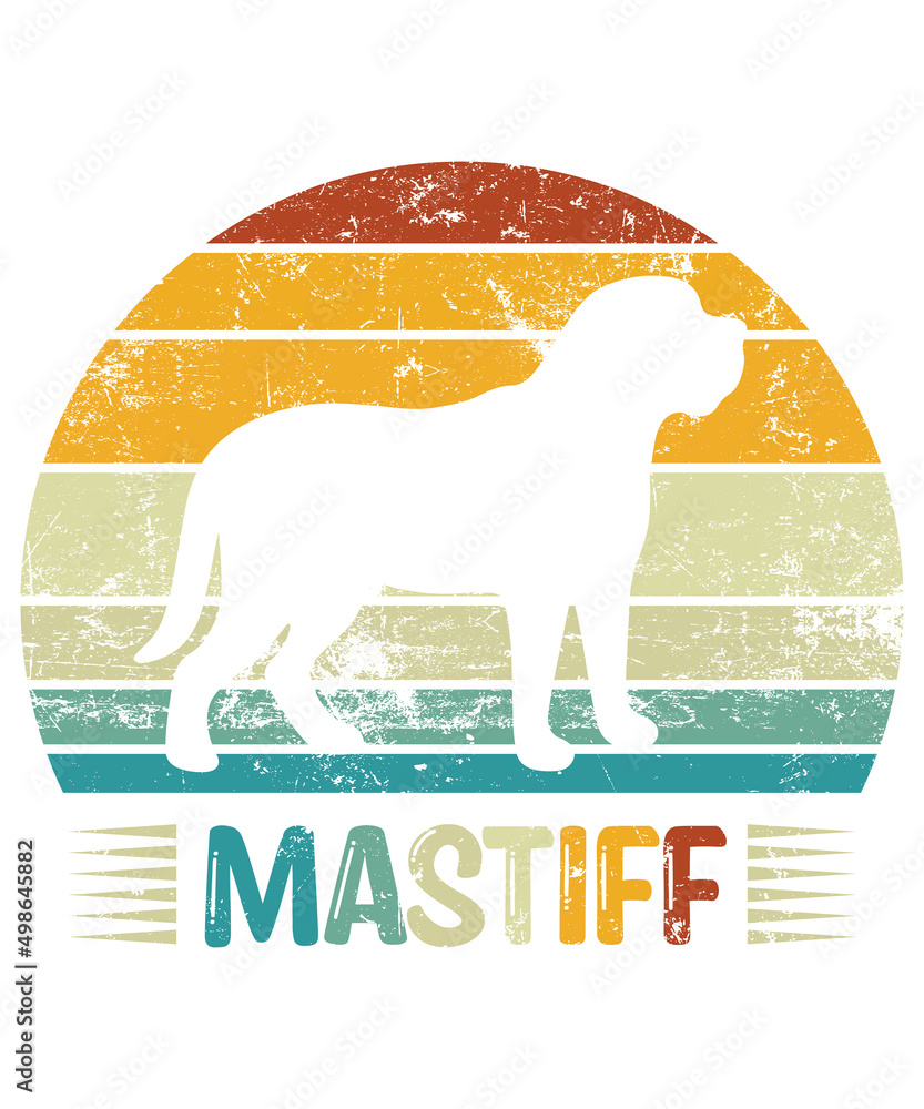Mastiff Retro Vintage Sunset T-shirt Design template, Mastiff on Board, Car Window Sticker, POD, cover, Isolated white background, White Dog Silhouette Gift for Mastiff Lover