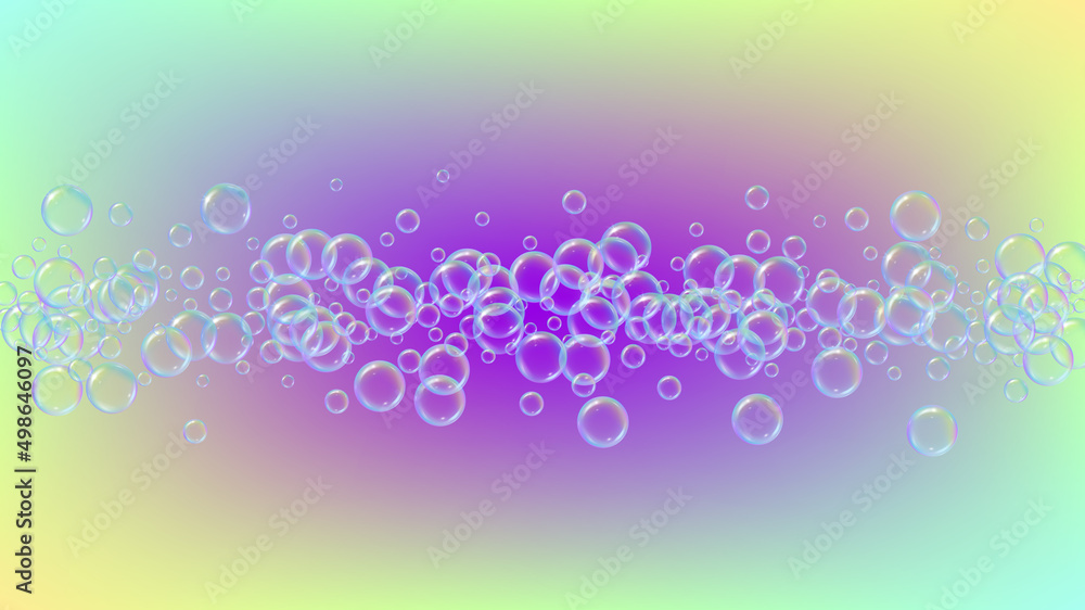 Suds bubble. Detergent bath foam and soap for bathtub. Shampoo. Rainbow Aqua fizz and splash. Realistic water frame and border. 3d vector illustration template. colorful liquid suds.