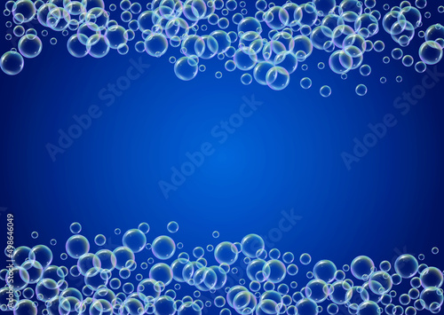 Bath bubble. Detergent soap foam and suds for bathtub. Shampoo. Aqua fizz and splash. Realistic water frame and border. 3d vector illustration banner. Rainbow colorful liquid bath bubble.