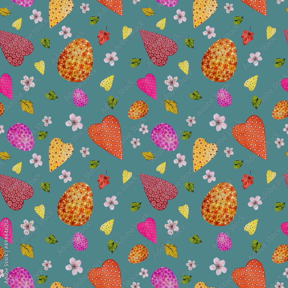 Easter heart pattern, eggs, flowers. Watercolor. Easter heart pattern, eggs, flowers. Watercolor.