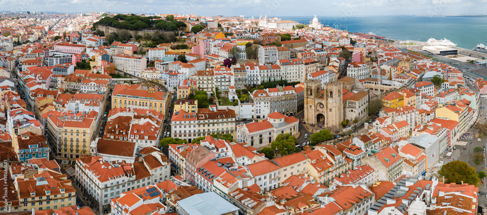 Aerial view of The Cathedral of Saint Mary Major, often called Lisbon Cathedral or simply the Sé, is a Roman Catholic cathedral located in Lisbon, Portugal.
