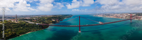 Aerial Panoramic photography of the 25 de Abril bridge in the city of Lisbon over the Tajo River .