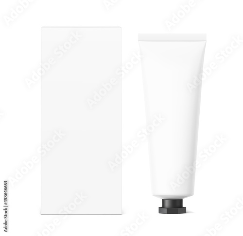 Blank plastic tube mockup with black octagonal cap and box. Vector illustration isolated on white background. Can be use for your design, advertising, promo and etc. EPS10.	
