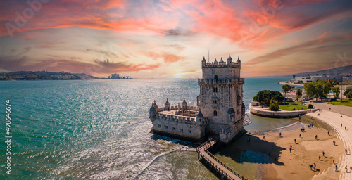 Tableau sur toile Aerial view of Tower of Belem at sunset, Lisbon, Portugal on the Tagus River