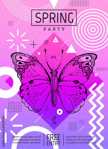 Butterfly poster. Vector spring geometric print. Art design butterfly abstract background. Drawing embroidery illustration. Retro vintage hipster concept. Rainbow summer color vector print design