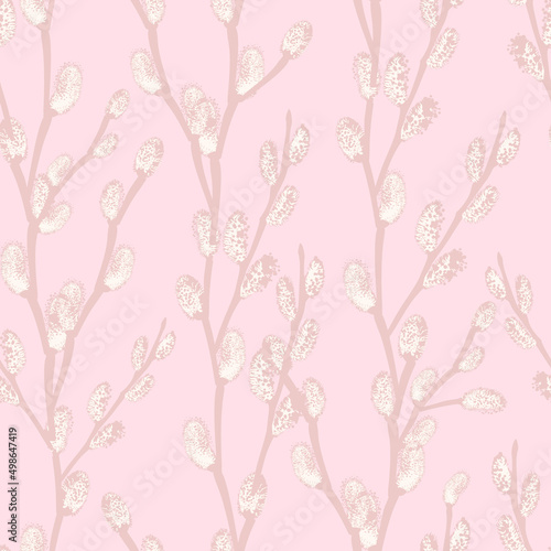 Light pink seamless pattern of twigs of flowering willow