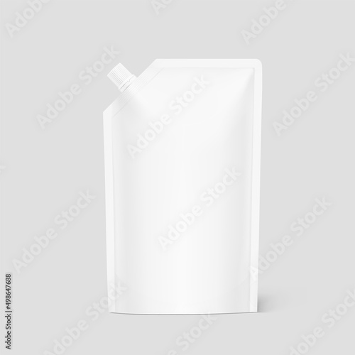 Pouch bag with spout screw cap mockup. Vector illustration. Front view. Perfect to make final pack shot your product. EPS10.	 photo
