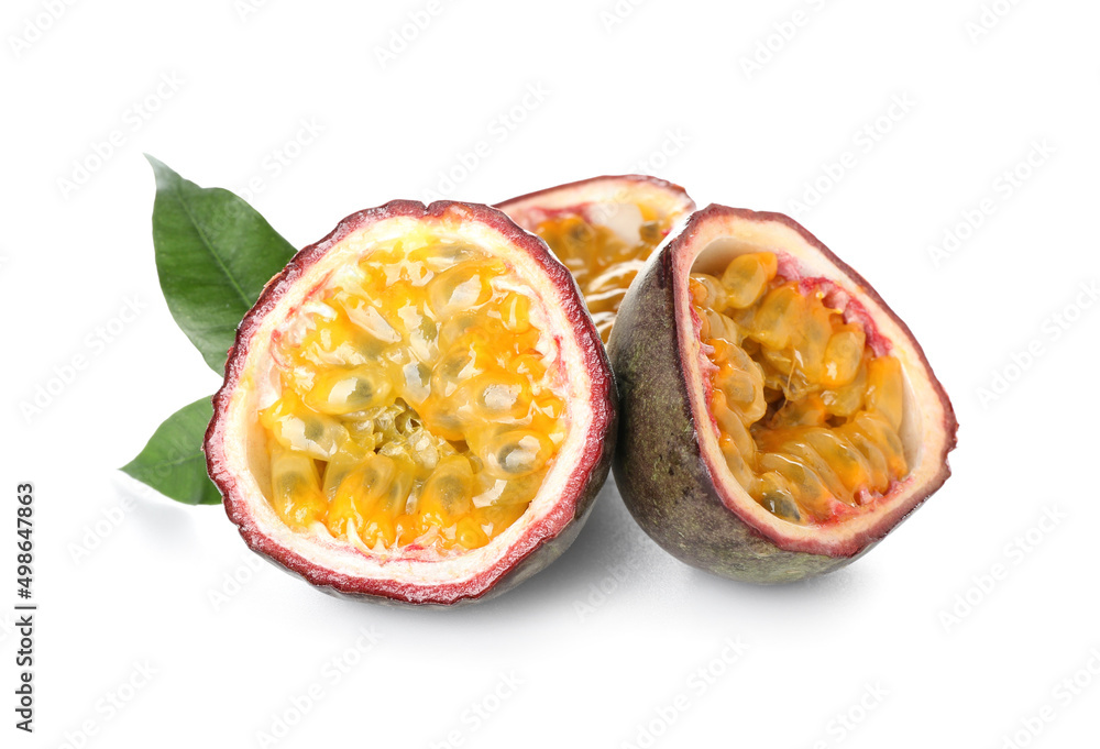 Delicious cut passion fruits on white background Delicious cut passion fruits on white background