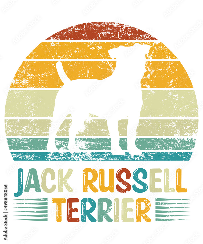 Jack Russell Terrier Retro Vintage Sunset T-shirt Design template, Terrier on Board, Car Window Sticker, POD, cover, Isolated white background, White Dog Silhouette Gift for Jack Russell Terrier Lover