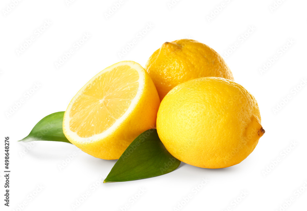 Lemons with leaves on white background