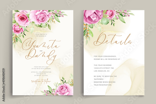 watercolor floral roses card with pink and green color set