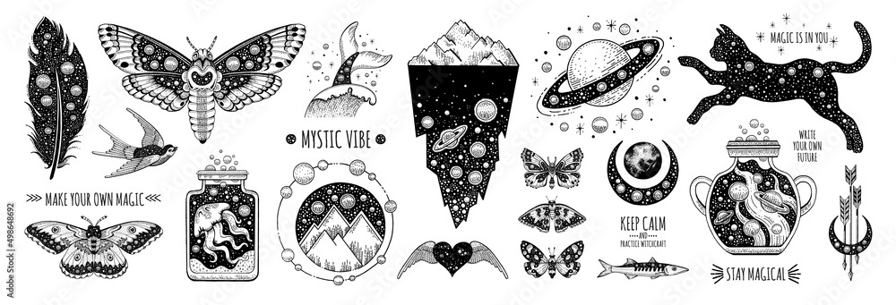 Tattoo art. Vector surreal astrology. Universe space tattoo print. Magic  witch astronomy graphic with moon, star, moth, cat, saturn. Sketch boho  mystic illustration. Vintage esoteric surreal art Stock Vector | Adobe Stock
