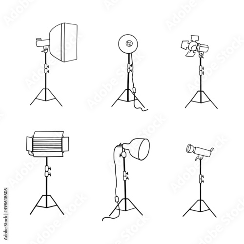 Set with equipment for studio light on a white background. Vector elements. Outline drawing.