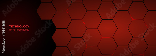 Red horizontal hexagonal technology abstract vector background. Red bright energy flashes under hexagon in futuristic modern technology wide banner. Tech honeycomb texture grid. Vector illustration