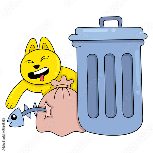 cat is scavenging for food in the trash, doodle icon image kawaii