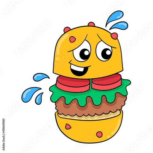 big burger with scared face, doodle icon image kawaii