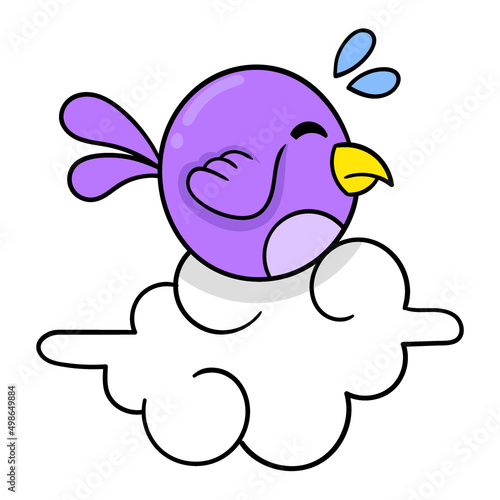 purple bird sleeping on the sky clouds, doodle icon image kawaii