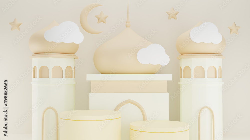 3D rendering islamic podium with mosque and cresscent moon